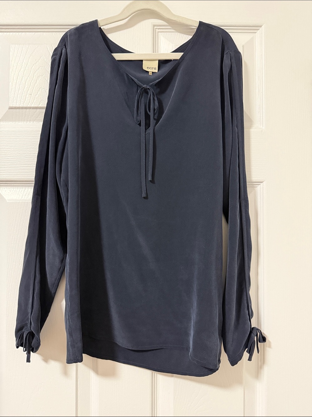 ecru 100% Silk Midnight Navy Tie-Front Long Sleeve Blouse